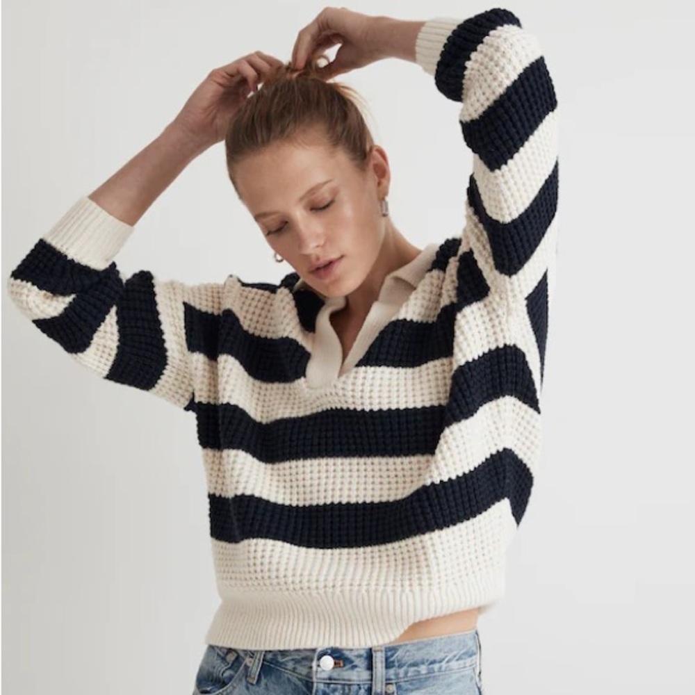 Madewell | Waffle-Knit Henley Sweater Stripe Navy Cream - Size M - Picture 3 of 13